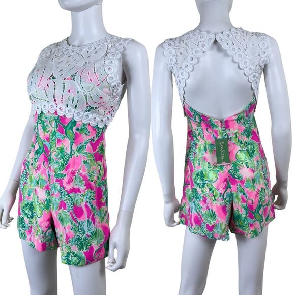 Lilly Pulitzer Sadie Women Size 0 Pink Tropical Floral Crochet Lace NEW Romper